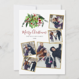 Rode Bessen Groene 5 Foto Kerstmis Feestdagenkaart