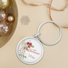 Rode Bessen Groene Elegante Naam Kerstmis Sleutelhanger