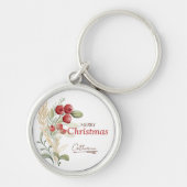 Rode Bessen Groene Elegante Naam Kerstmis Sleutelhanger (Voorkant)