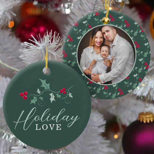 Rode bessen groene holly bladeren Kerstmis foto Keramisch Ornament