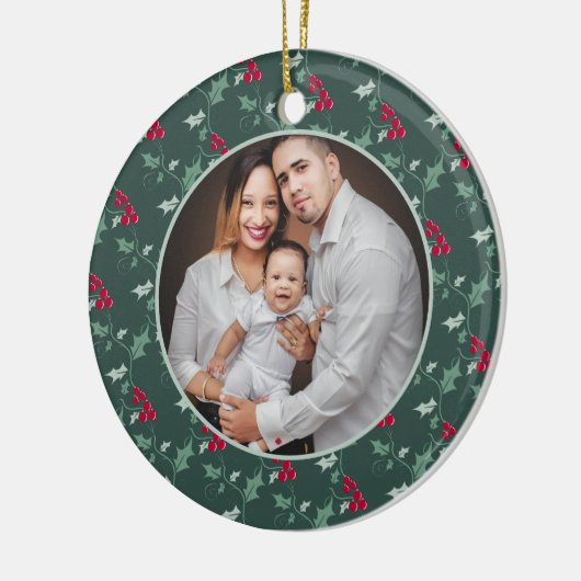 Rode bessen groene holly bladeren Kerstmis foto Keramisch Ornament (Links)