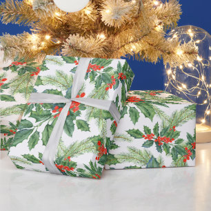 Rode Bessen Groene Hulst Bloemige Kerst Vakantie Cadeaupapier