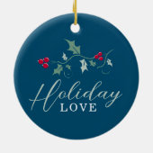 Rode bessen groene hulst op blauwe kerst foto keramisch ornament (Achterkant)