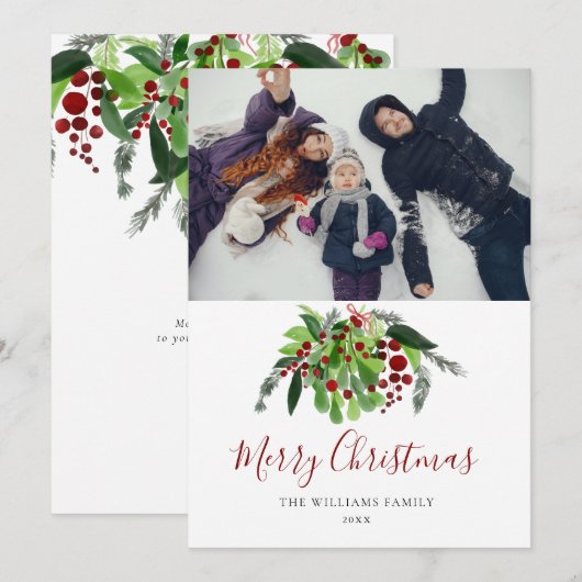 Rode Bessen Groene Kerst Foto Feestdagenkaart (Voorkant / Achterkant)