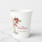 Rode Bessen Groene Planten Botanische Kerstfeest Papieren Bekers (Achterkant)