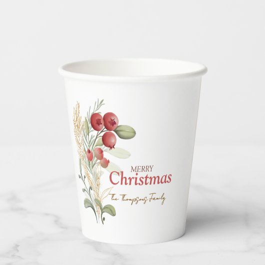 Rode Bessen Groene Planten Botanische Kerstfeest Papieren Bekers (Achterkant)