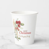 Rode Bessen Groene Planten Botanische Kerstfeest Papieren Bekers (Voorkant)