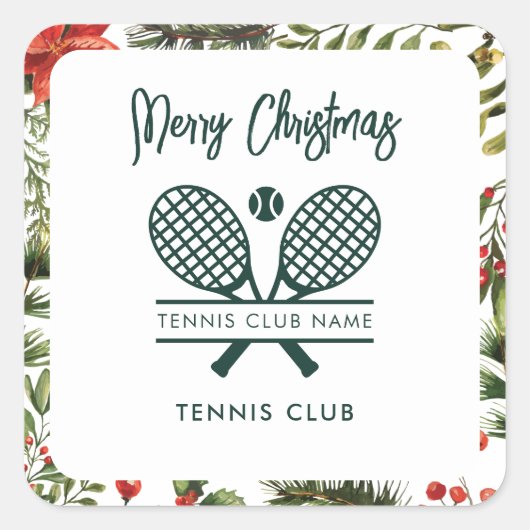 Rode Bessen Groene Tennisclub Kerstvakantie Vierkante Sticker (Voorkant)