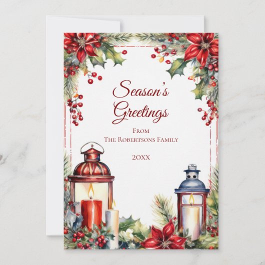 Rode bessen, Holly & Candles Kerst Kaart (Voorkant)