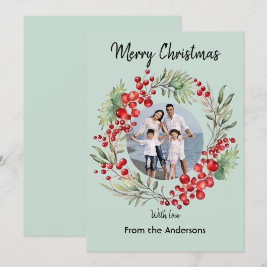 Rode bessen Kerstkrans Winter Groene groet Feestdagenkaart (Voorkant / Achterkant)