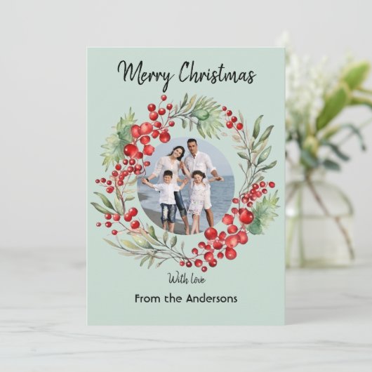 Rode bessen Kerstkrans Winter Groene groet Feestdagenkaart (Staand voorkant)
