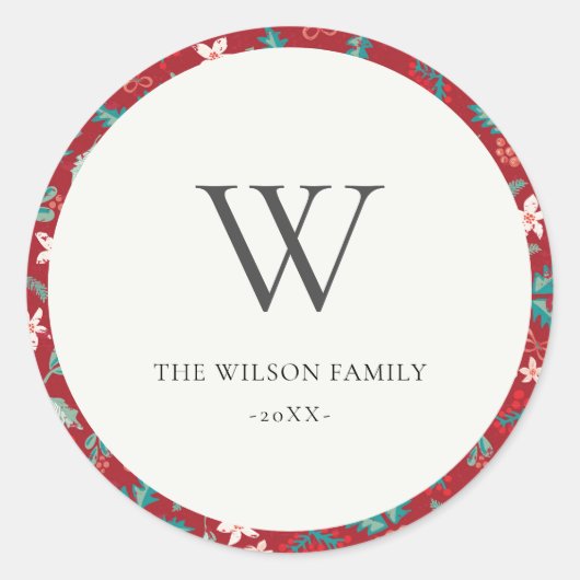 Rode bessen Kerstmis Bloemen Patroon Monogram Ronde Sticker (Voorkant)