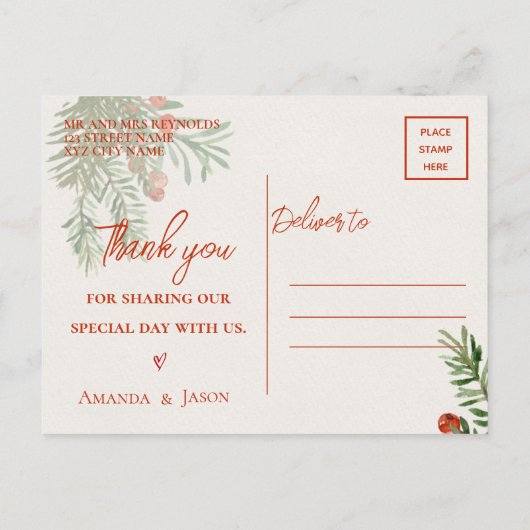 Rode bessen Kerstmis Feestelijke bruiloft Dank u Briefkaart (Achterkant)