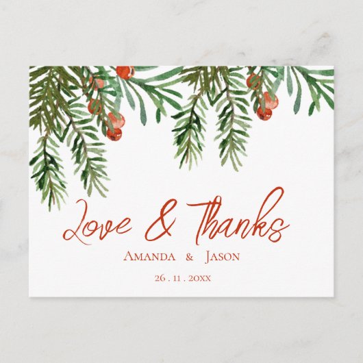 Rode bessen Kerstmis Feestelijke bruiloft Dank u Briefkaart (Voorkant)
