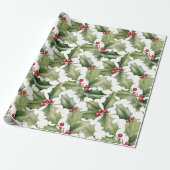Rode bessen Kerstmis Groene bladeren Patroon Cadeaupapier (Uitgerold)