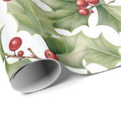 Rode bessen Kerstmis Groene bladeren Patroon Cadeaupapier (Rol Hoek)