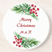 Rode bessen op een groene dennentakken zandsteen onderzetter (Voorkant)