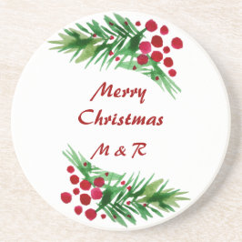 Rode bessen op een groene dennentakken zandsteen onderzetter