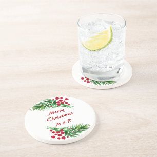 Rode bessen op een groene dennentakken zandsteen onderzetter