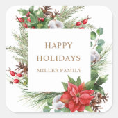 Rode bessen poinsettia monogram vierkante sticker (Voorkant)