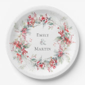 Rode bessen Poinsettias krans kerst bruiloft Papieren Bordje (Voorkant)