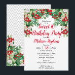 Rode bessen | Rozen Floral Sweet 16 Birthday Party Kaart<br><div class="desc">Plotseling briljante kleuren van rode holly bessen en groen met witte rozen in een bovenste florale tuinveegje Sweet 16 Birthday Party, oorspronkelijk geïllustreerd en ontworpen door Holiday Hearts Design (rechten voorbehouden). De voorzijde is voorzien van rode tekst voor de gelegenheid, de naam van de eer en als achtergrond voor de...</div>