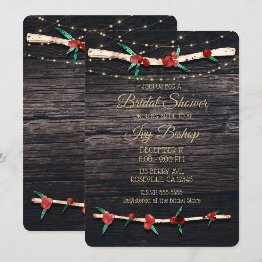 Rode Bessen Takken & Lichtjes Rustieke Bruidsdouch Kaart (Voorkant / Achterkant)