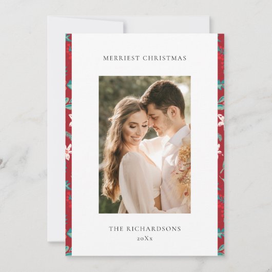 Rode Bessen Vrolijk Kerst Floral Patroon Foto Feestdagenkaart (Voorkant)