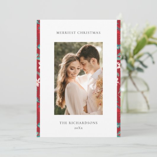 Rode Bessen Vrolijk Kerst Floral Patroon Foto Feestdagenkaart (Staand voorkant)