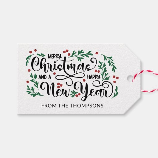 Rode bessen Vrolijk Kerstfeest Gelukkig Nieuwjaar  Cadeaulabel (Voorkant (Horizontaal))