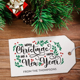 Rode bessen Vrolijk Kerstfeest Gelukkig Nieuwjaar Cadeaulabel