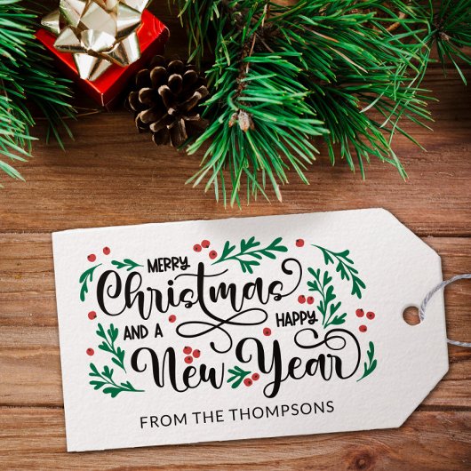 Rode bessen Vrolijk Kerstfeest Gelukkig Nieuwjaar Cadeaulabel