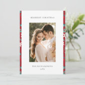 Rode Bessen Vrolijk Kerstmis Bloempatroon Foto Feestdagenkaart (Staand voorkant)