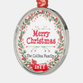 Rode bessen Vrolijke Kerstkrans Metalen Ornament (Links)