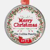 Rode bessen Vrolijke Kerstkrans Metalen Ornament (Voorkant)