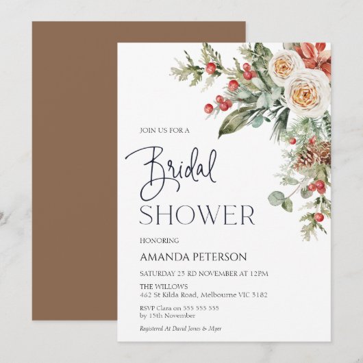 Rode bessen Winter Bloemen Bruids Douche Uitnodigi Kaart (Voorkant / Achterkant)