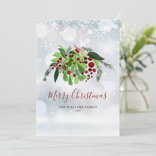 Rode Bessen Winter Sneeuwvlokken Kerstmis  Feestdagenkaart (Staand voorkant)