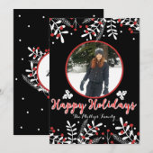 Rode bessen wit bladeren zwart vakantie fotokaart feestdagenkaart (Voorkant / Achterkant)