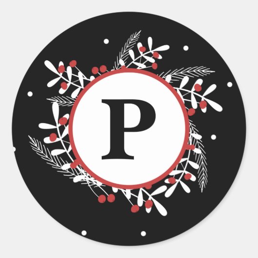 Rode Bessen & Witte Bladeren Rustieke Zwarte Kerst Ronde Sticker (Voorkant)