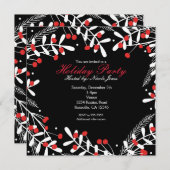 Rode bessen & witte bladeren zwart feestje kaart (Voorkant / Achterkant)