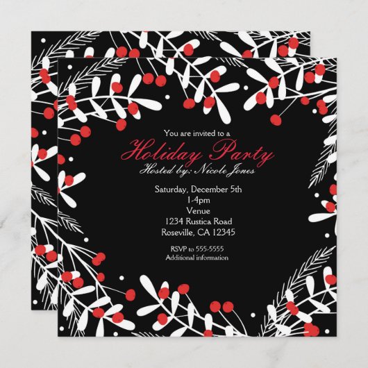 Rode bessen & witte bladeren zwart feestje kaart (Voorkant / Achterkant)