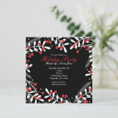 Rode bessen & witte bladeren zwart feestje kaart (Staand voorkant)