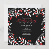 Rode bessen & witte bladeren zwart feestje kaart (Voorkant)