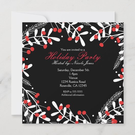 Rode bessen & witte bladeren zwart feestje kaart (Voorkant)