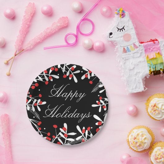 Rode bessen & witte bladeren zwart feestje papieren bordje (Feest)