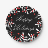 Rode bessen & witte bladeren zwart feestje papieren bordje (Voorkant)