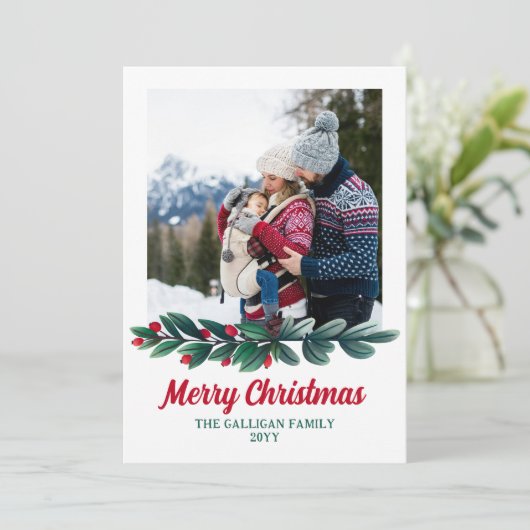 Rode bessen & zilver groen groen groen vrolijk ker feestdagenkaart (Staand voorkant)