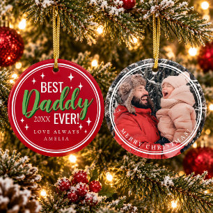 Rode 'Beste Papa Ooit' Retro Schrift Foto Kerstmis Keramisch Ornament