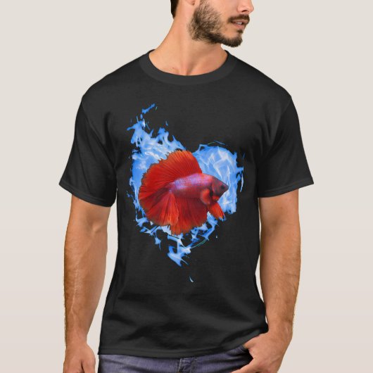 Rode Betta Vis In Blauwe Vlam Harten T-shirt (Voorkant)
