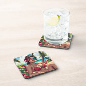 Rode bikini, zonnebril en bandana vrouw bier onderzetter (Rechterzijde)